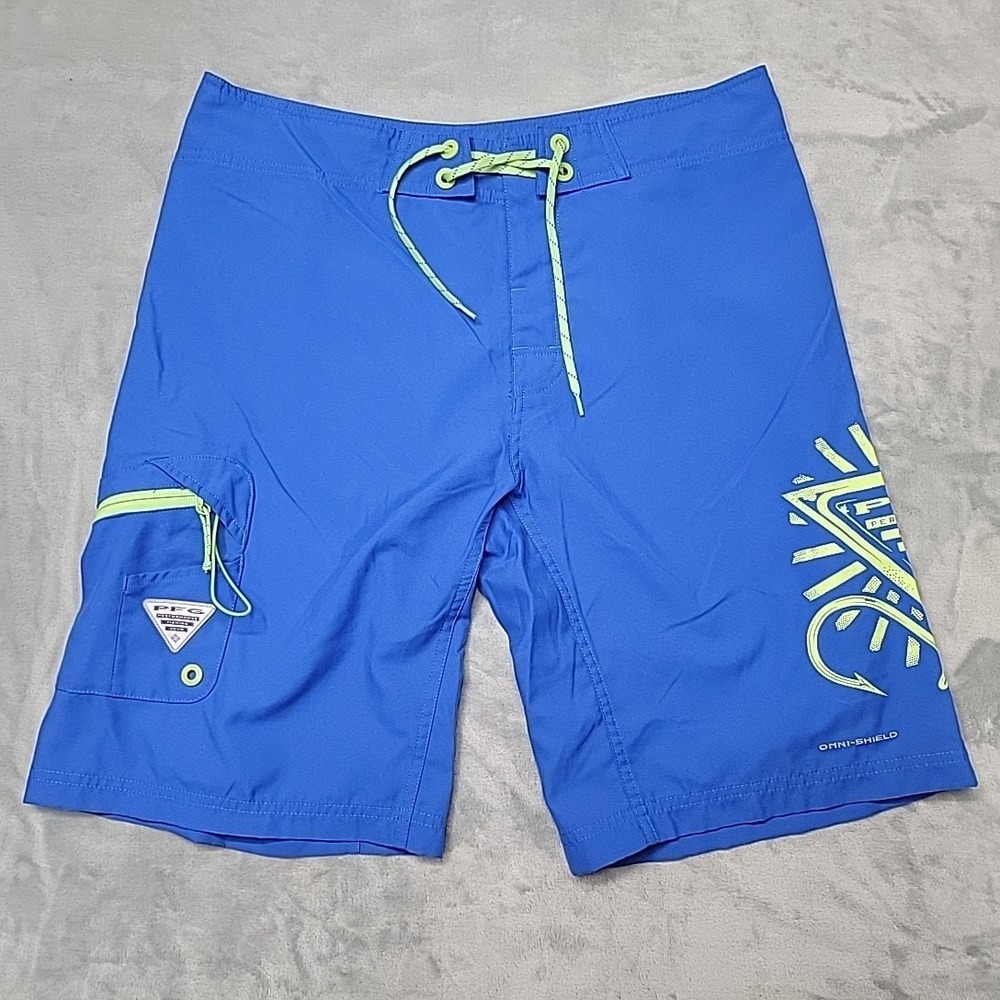 Columbia Shorts Mens 34x11 Blue Board PFG Performance Fishing Gear Omni-Shield